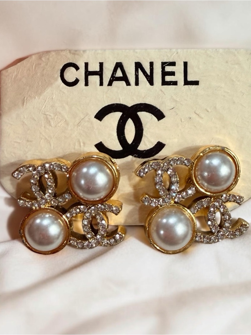 Gold Pearl & Crystal CC Earrings - White Faux Pearls | NEW